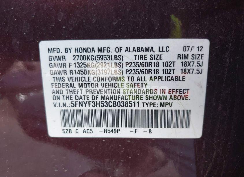 Photo 9 of 2012 Honda Pilot EX-L (VIN 5FNYF3H53CB038511)