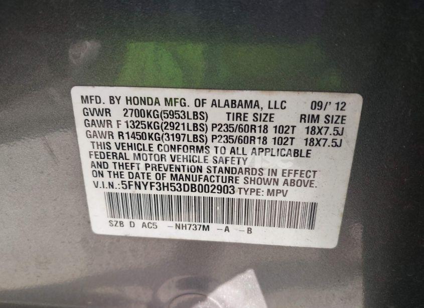 Photo 9 of 2013 Honda Pilot EX-L (VIN 5FNYF3H53DB002903)