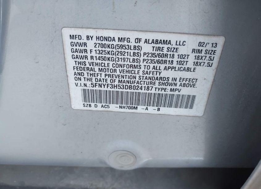 Photo 9 of 2013 Honda Pilot EX-L (VIN 5FNYF3H53DB024187)