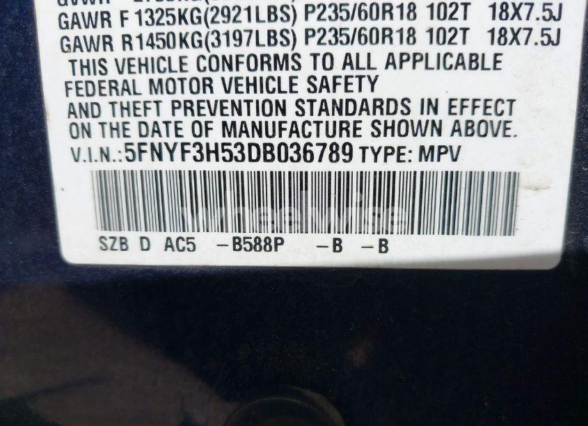 Photo 9 of 2013 Honda Pilot EX-L (VIN 5FNYF3H53DB036789)