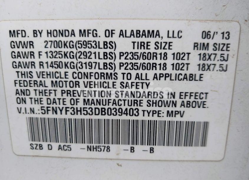 Photo 9 of 2013 Honda Pilot EX-L (VIN 5FNYF3H53DB039403)