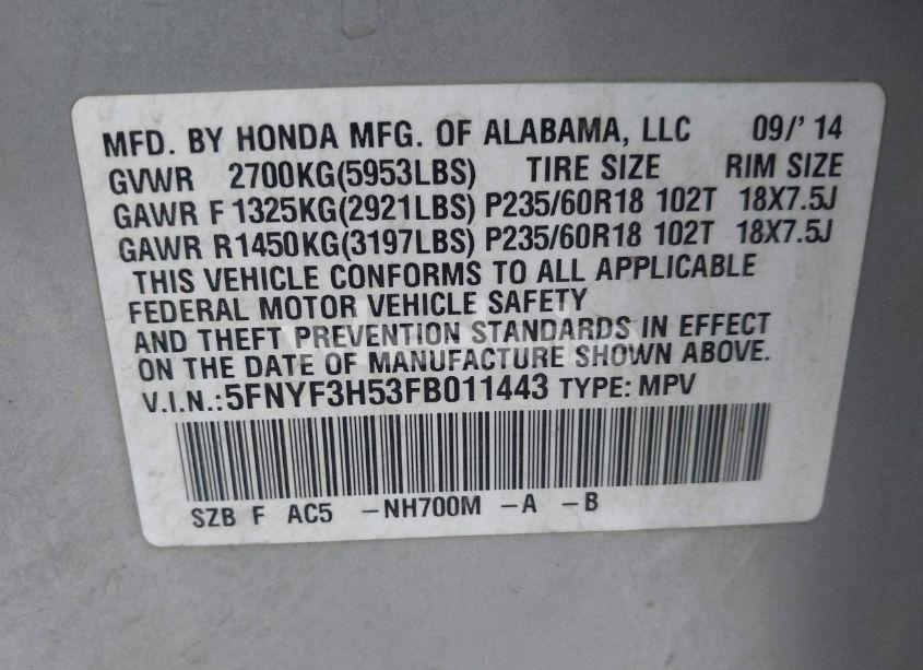 Photo 9 of 2015 Honda Pilot EX-L (VIN 5FNYF3H53FB011443)