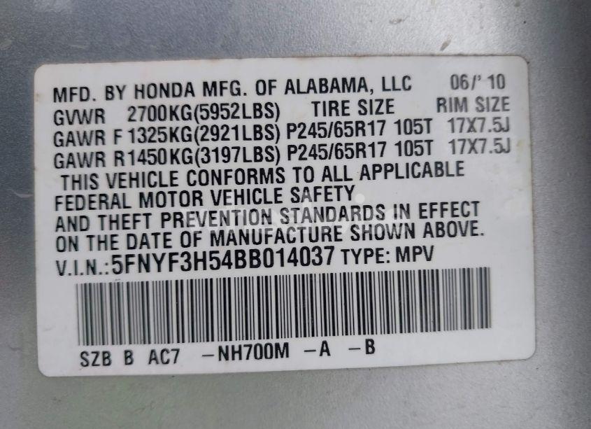 Photo 9 of 2011 Honda Pilot EX-L (VIN 5FNYF3H54BB014037)