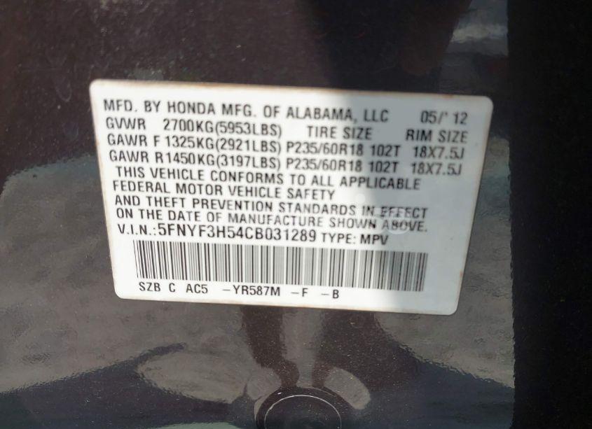 Photo 9 of 2012 Honda Pilot EX-L (VIN 5FNYF3H54CB031289)