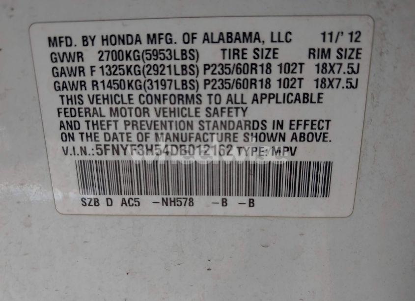 Photo 9 of 2013 Honda Pilot EX-L (VIN 5FNYF3H54DB012162)