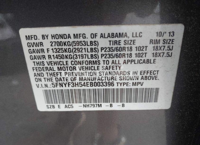 Photo 9 of 2014 Honda Pilot EX-L (VIN 5FNYF3H54EB003396)