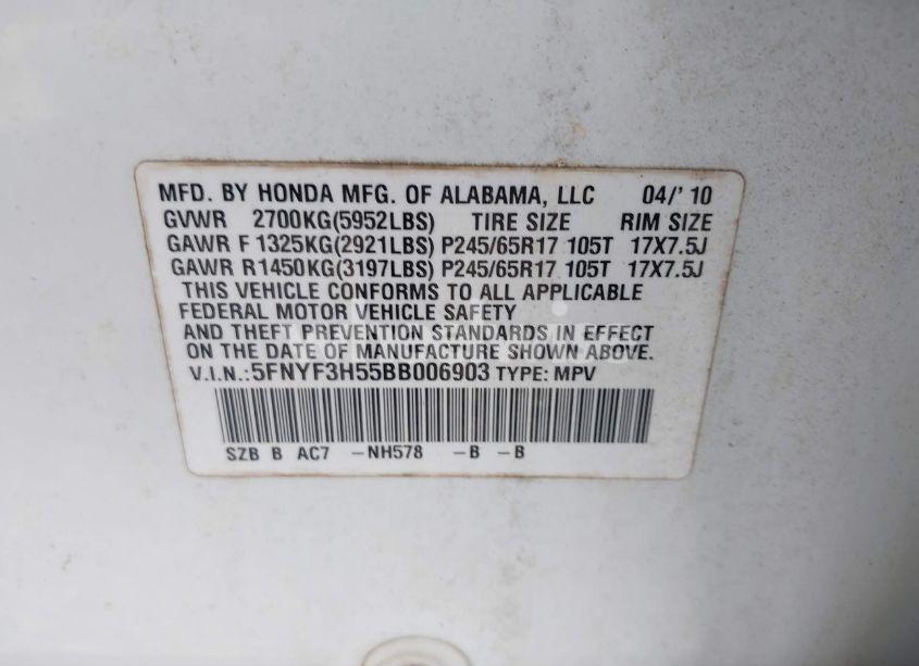 Photo 9 of 2011 Honda Pilot EX-L (VIN 5FNYF3H55BB006903)