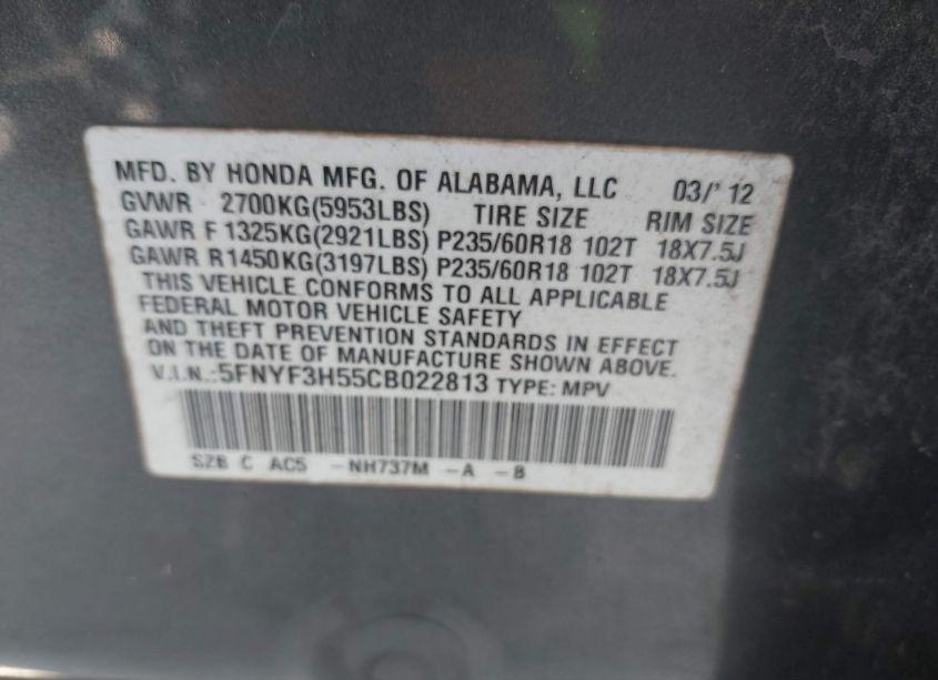 Photo 9 of 2012 Honda Pilot EX-L (VIN 5FNYF3H55CB022813)