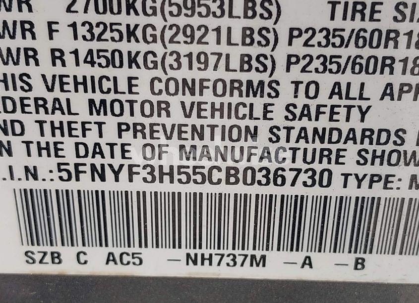 Photo 9 of 2012 Honda Pilot EXL (VIN 5FNYF3H55CB036730)