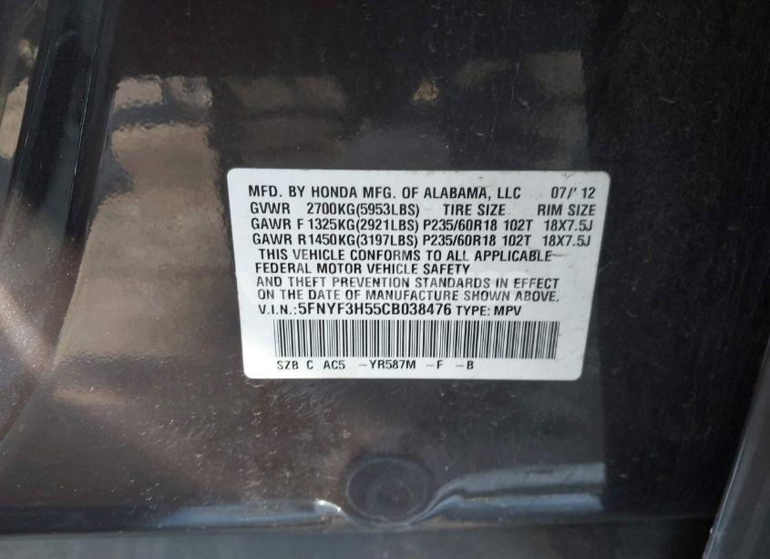 Photo 9 of 2012 Honda Pilot EX-L (VIN 5FNYF3H55CB038476)