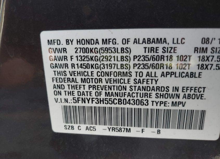 Photo 9 of 2012 Honda Pilot EX-L (VIN 5FNYF3H55CB043063)