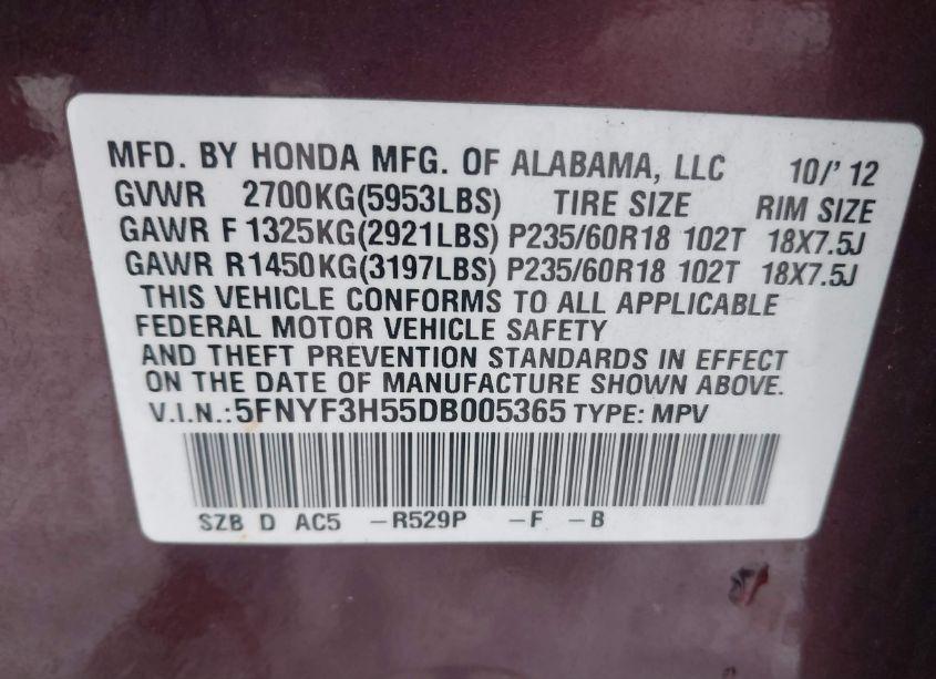 Photo 9 of 2013 Honda Pilot EX-L (VIN 5FNYF3H55DB005365)