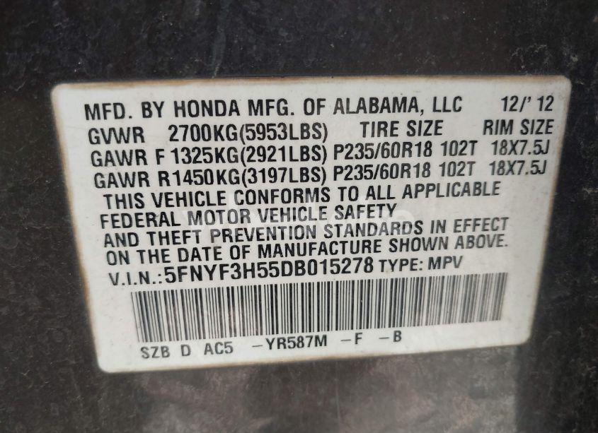 Photo 9 of 2013 Honda Pilot EX-L (VIN 5FNYF3H55DB015278)