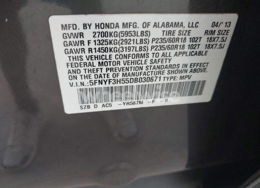 Photo 9 of 2013 Honda Pilot EX-L (VIN 5FNYF3H55DB030671)