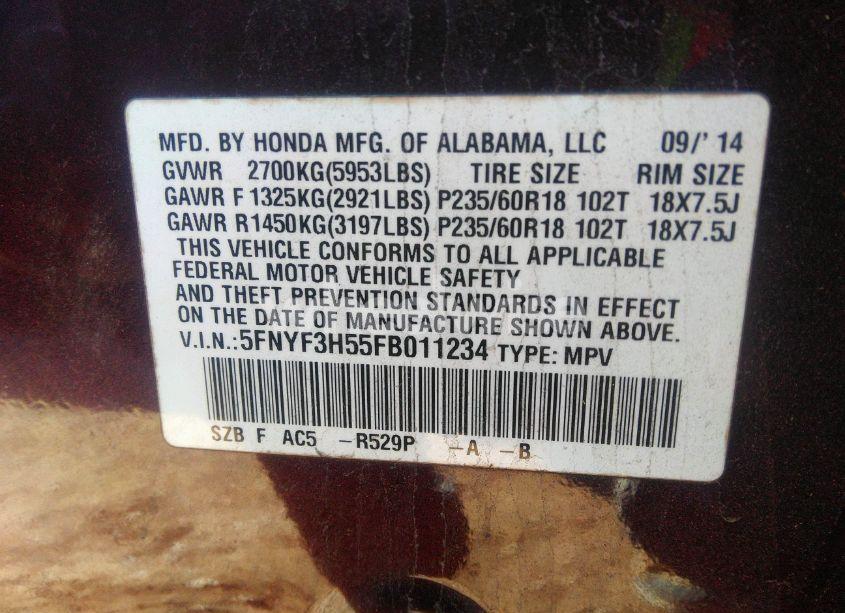 Photo 9 of 2015 Honda Pilot EX-L (VIN 5FNYF3H55FB011234)