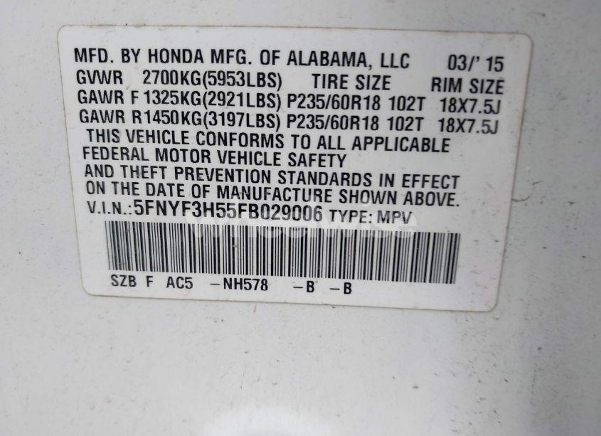 Photo 9 of 2015 Honda Pilot EX-L (VIN 5FNYF3H55FB029006)