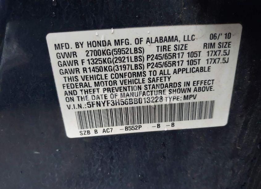 Photo 9 of 2011 Honda Pilot EX-L (VIN 5FNYF3H56BB013228)
