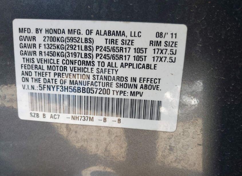 Photo 9 of 2011 Honda Pilot EX-L (VIN 5FNYF3H56BB057200)