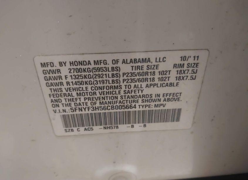 Photo 9 of 2012 Honda Pilot EX-L (VIN 5FNYF3H56CB005664)