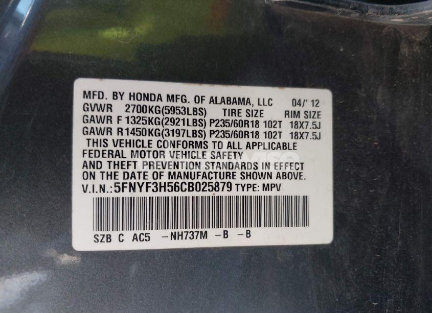 Photo 9 of 2012 Honda Pilot EX-L (VIN 5FNYF3H56CB025879)