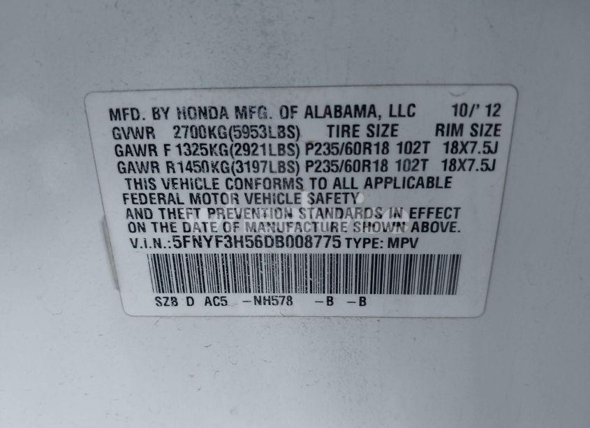 Photo 9 of 2013 Honda Pilot EX-L (VIN 5FNYF3H56DB008775)