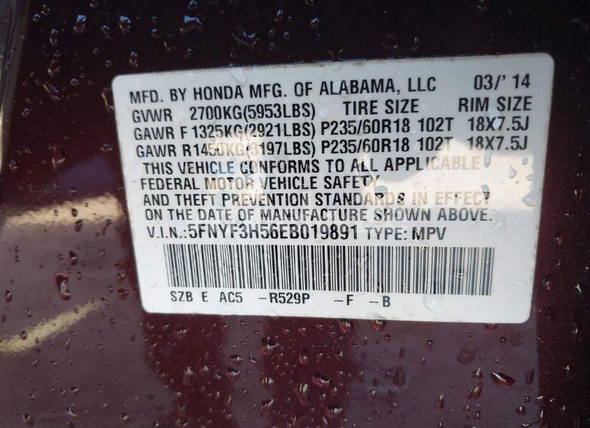 Photo 9 of 2014 Honda Pilot EX-L (VIN 5FNYF3H56EB019891)