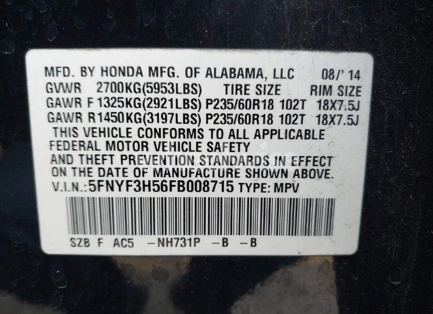 Photo 9 of 2015 Honda Pilot EX-L (VIN 5FNYF3H56FB008715)