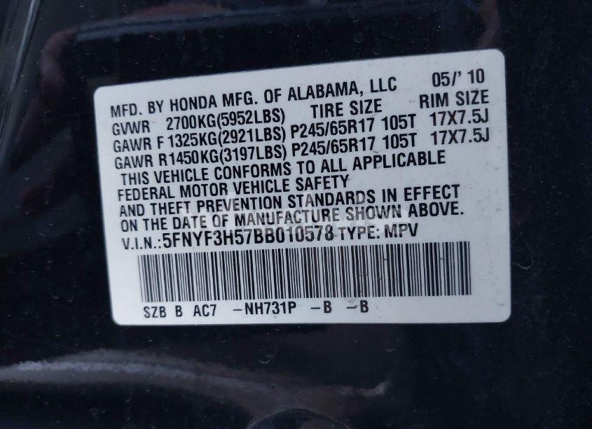 Photo 9 of 2011 Honda Pilot EX-L (VIN 5FNYF3H57BB010578)