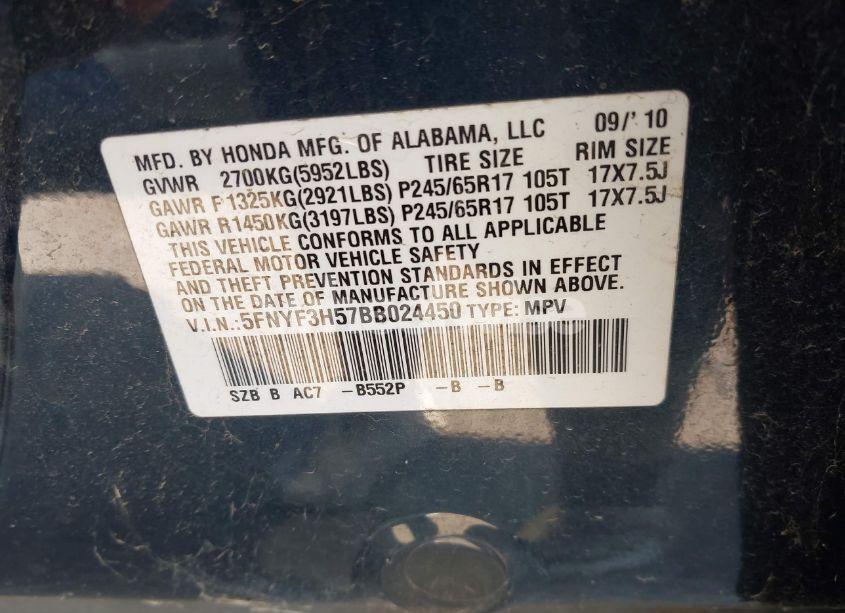 Photo 9 of 2011 Honda Pilot EX-L (VIN 5FNYF3H57BB024450)