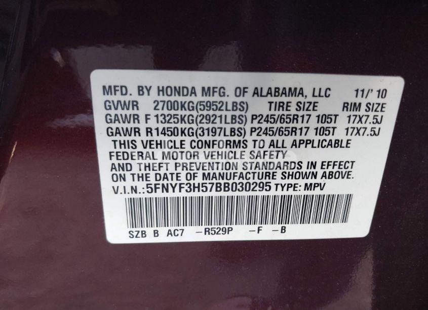 Photo 9 of 2011 Honda Pilot EX-L (VIN 5FNYF3H57BB030295)