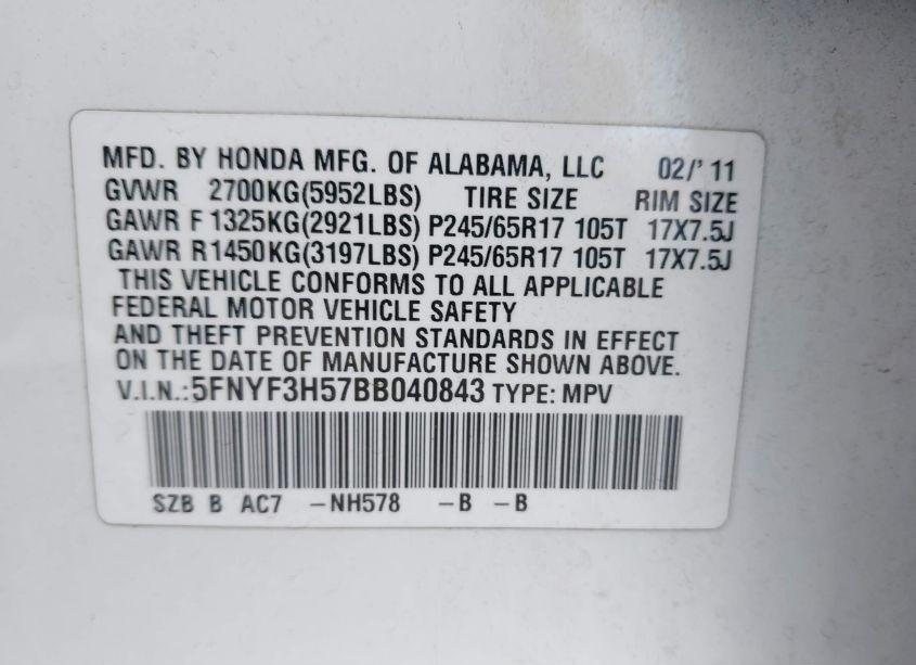 Photo 9 of 2011 Honda Pilot EX-L (VIN 5FNYF3H57BB040843)
