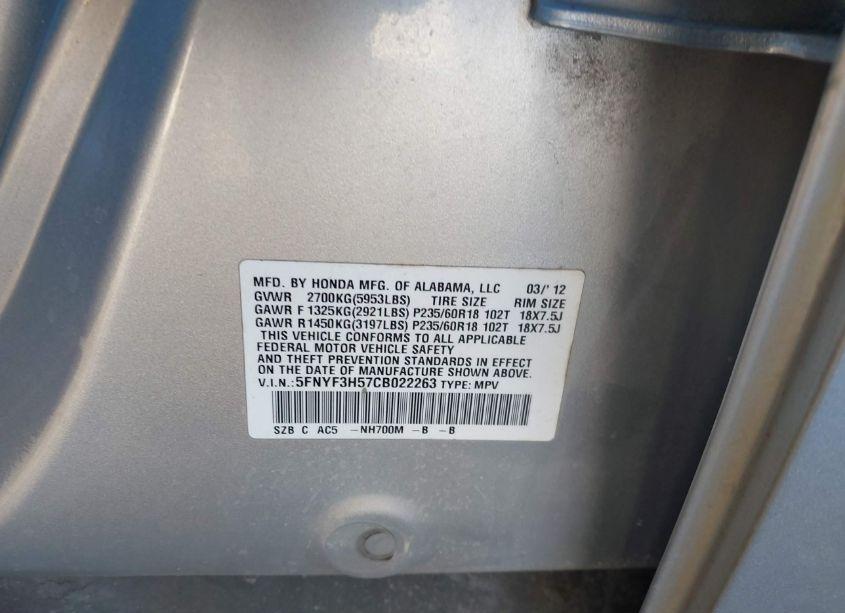 Photo 9 of 2012 Honda Pilot EX-L (VIN 5FNYF3H57CB022263)