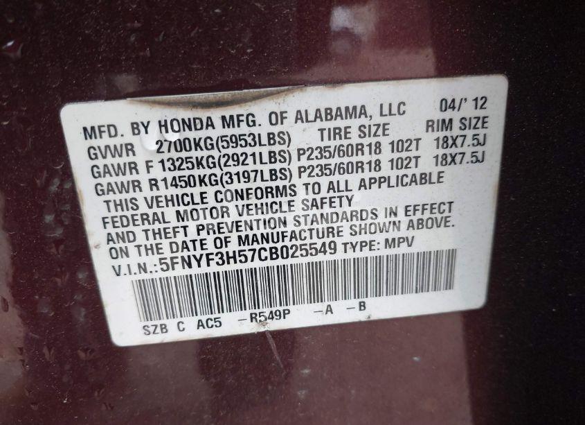 Photo 9 of 2012 Honda Pilot EX-L (VIN 5FNYF3H57CB025549)