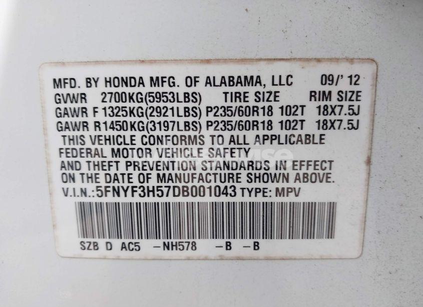 Photo 9 of 2013 Honda Pilot EX-L (VIN 5FNYF3H57DB001043)