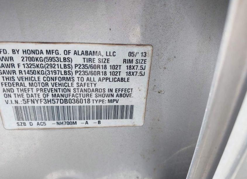 Photo 9 of 2013 Honda Pilot EX-L (VIN 5FNYF3H57DB036018)