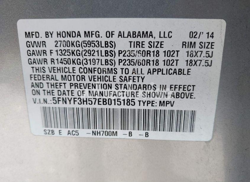 Photo 9 of 2014 Honda Pilot EX-L (VIN 5FNYF3H57EB015185)