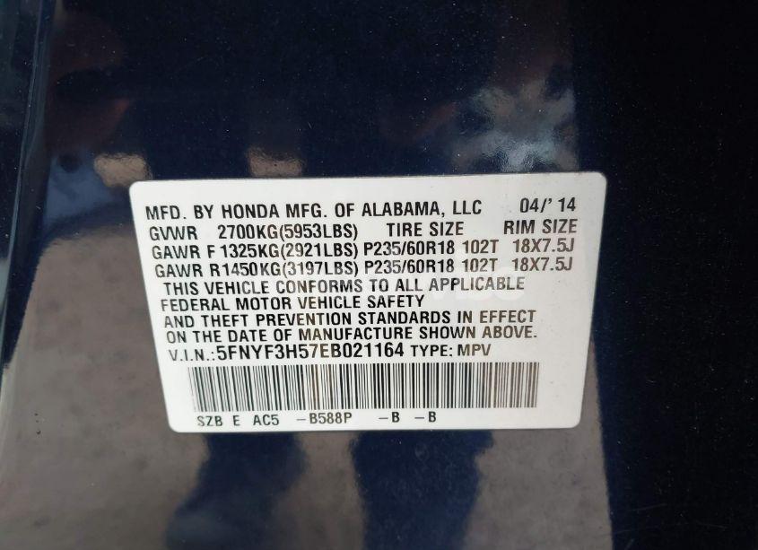 Photo 9 of 2014 Honda Pilot EX-L (VIN 5FNYF3H57EB021164)