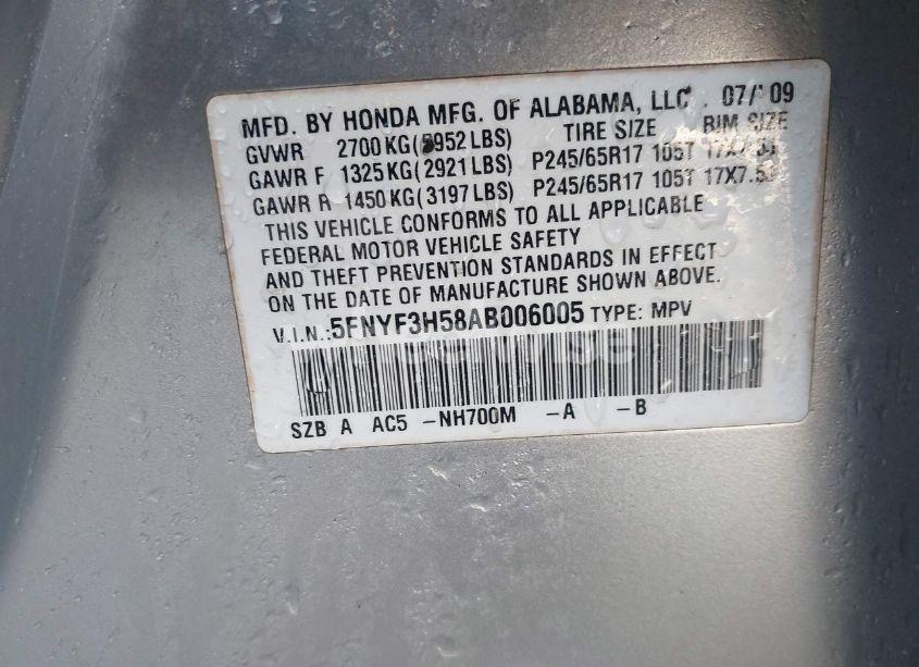 Photo 9 of 2010 Honda Pilot EX-L (VIN 5FNYF3H58AB006005)