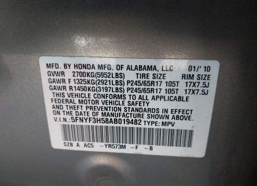 Photo 9 of 2010 Honda Pilot EX-L (VIN 5FNYF3H58AB019482)