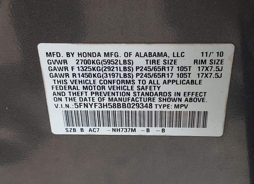 Photo 9 of 2011 Honda Pilot EX-L (VIN 5FNYF3H58BB029348)