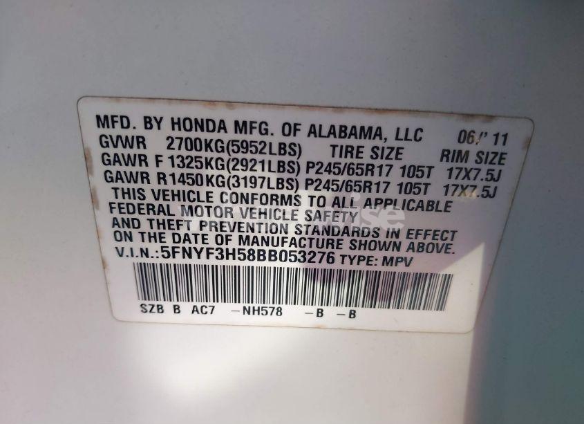 Photo 9 of 2011 Honda Pilot EX-L (VIN 5FNYF3H58BB053276)