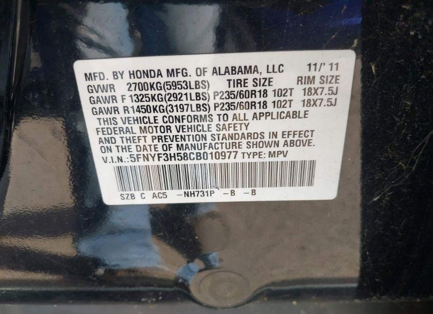 Photo 9 of 2012 Honda Pilot EX-L (VIN 5FNYF3H58CB010977)