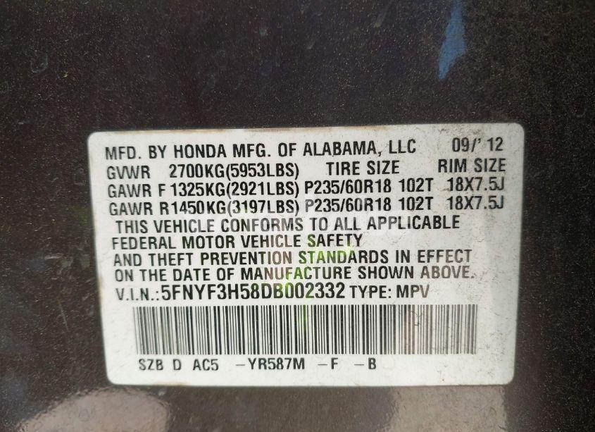 Photo 9 of 2013 Honda Pilot EX-L (VIN 5FNYF3H58DB002332)