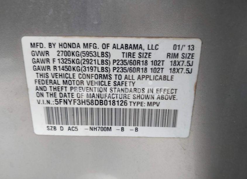 Photo 9 of 2013 Honda Pilot EX-L (VIN 5FNYF3H58DB018126)