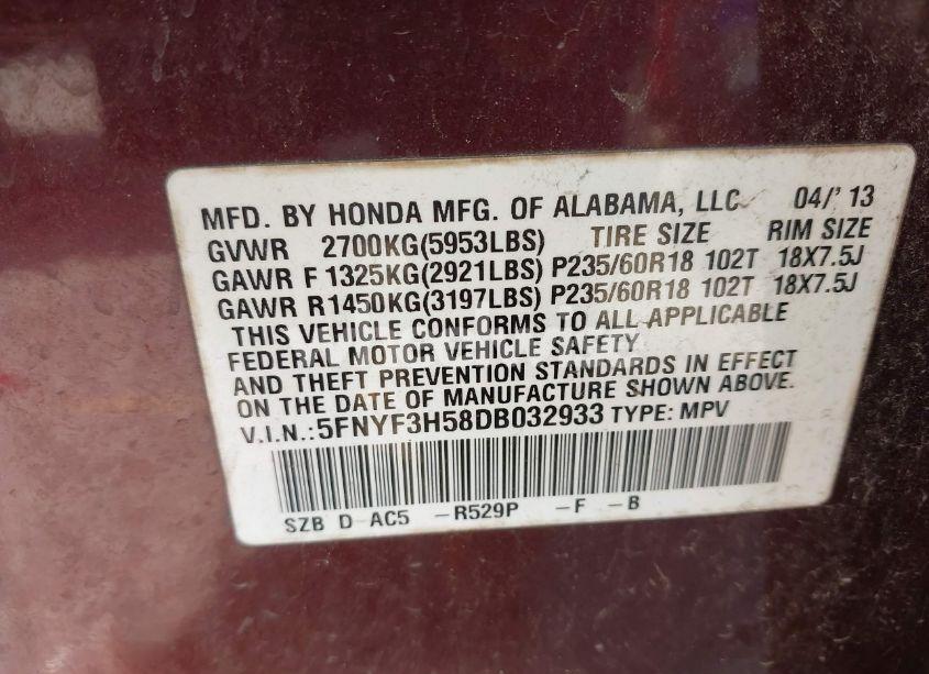 Photo 9 of 2013 Honda Pilot EX-L (VIN 5FNYF3H58DB032933)