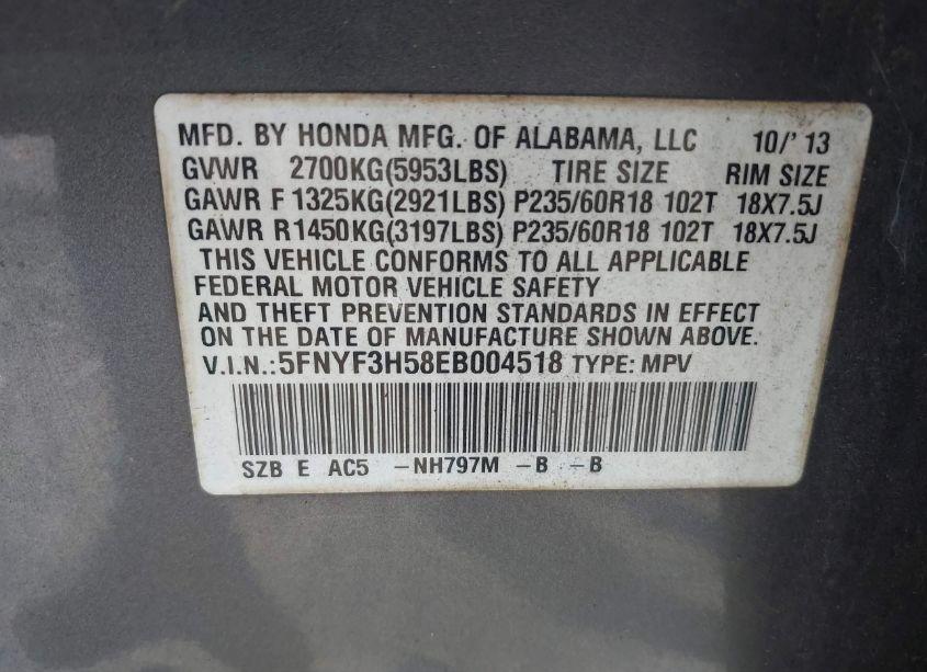 Photo 9 of 2014 Honda Pilot EX-L (VIN 5FNYF3H58EB004518)