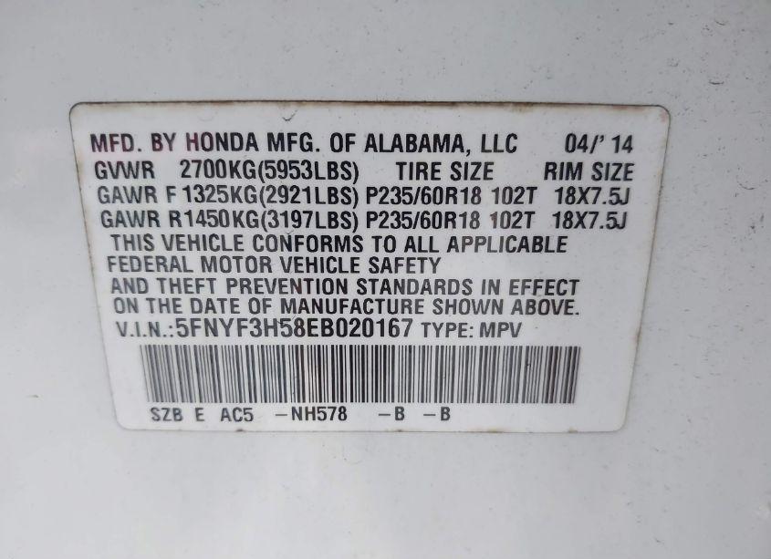 Photo 9 of 2014 Honda Pilot EX-L (VIN 5FNYF3H58EB020167)