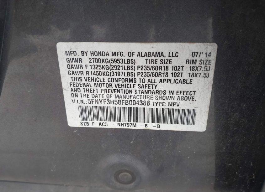 Photo 9 of 2015 Honda Pilot EX-L (VIN 5FNYF3H58FB004388)