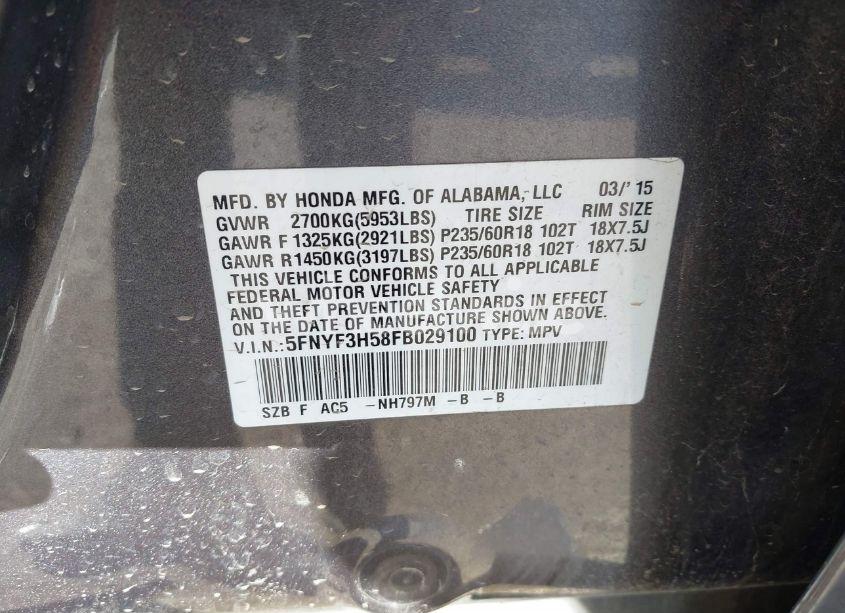 Photo 9 of 2015 Honda Pilot EX-L (VIN 5FNYF3H58FB029100)