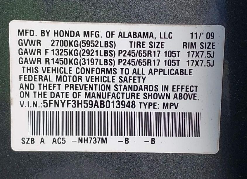 Photo 9 of 2010 Honda Pilot EX-L (VIN 5FNYF3H59AB013948)